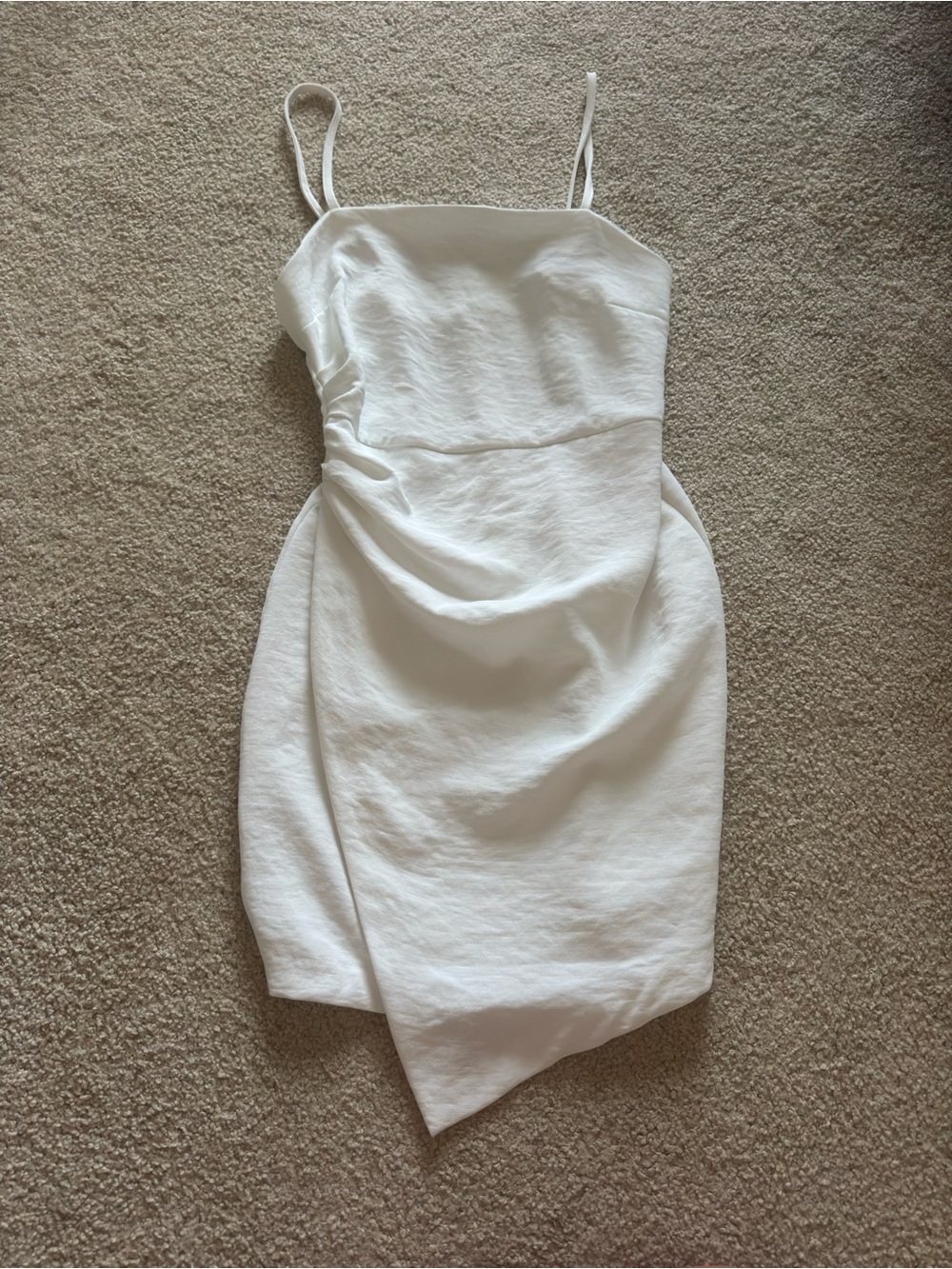 Zara White Asymmetric Ruched Spaghetti-Strap Mini Dress